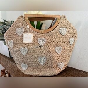 Shiraleah Natural Straw Purse with Beaded White Heart Details NWT